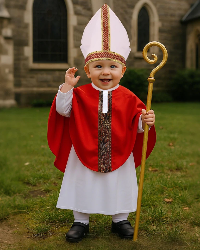 Conjunto de 3 piezas de disfraz de Papa tamaño pinta de Halloween infantil pequeño obispo blanco... Foto 3 de 4