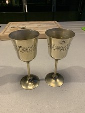 Vintage Brass Engraved German Silver Wine Goblet Chalice Cup Glass Set of 2