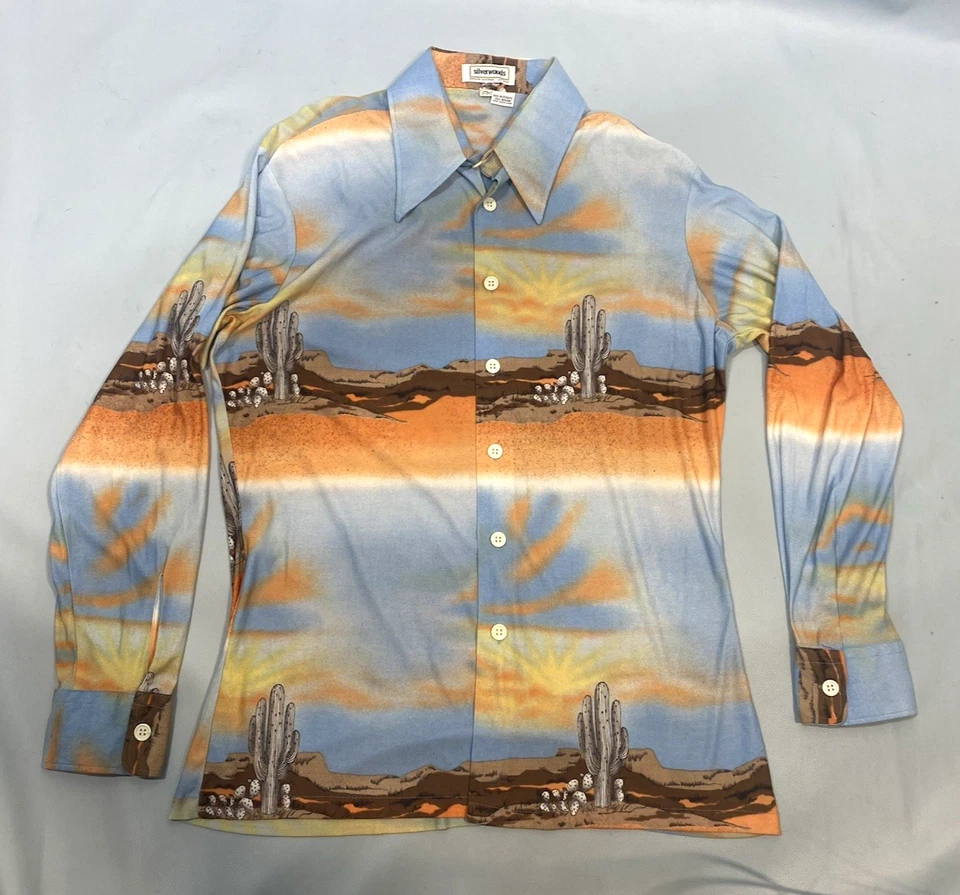复古衬衫尺寸 XL 17 1/2 沙漠仙人掌西部银色 60 年代 70 年代 — 第 3/4 张图片