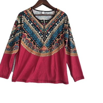 Chaos Monkey Women's Shirt 1/4 Zip Long Sleeve Cotton Colorful Bright Boho