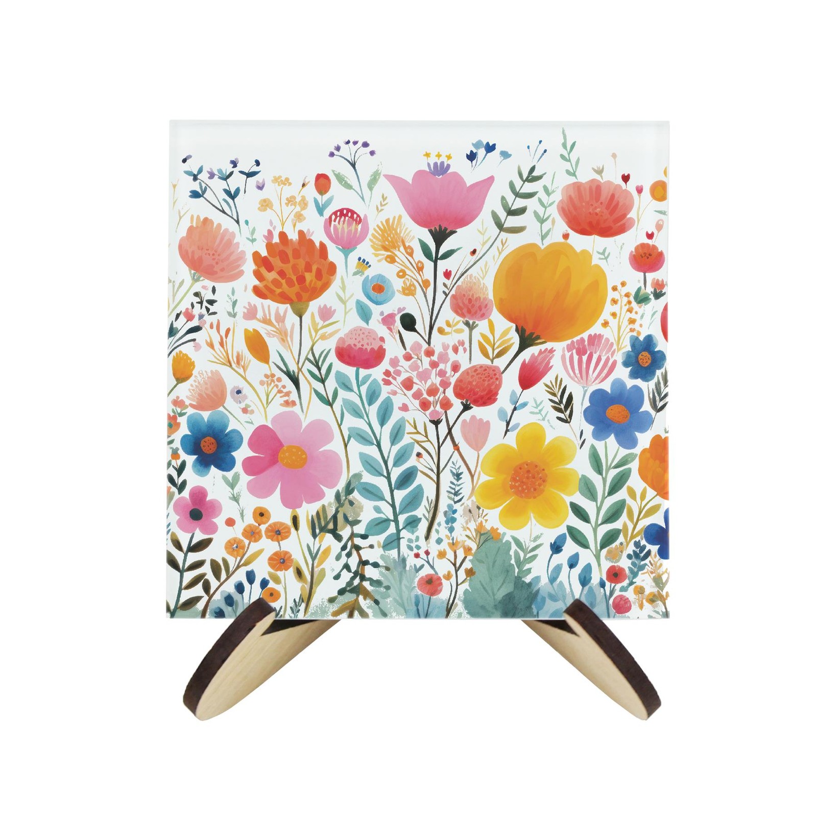 Bright Floral Glass Coaster Set with Stand - Gifts for Her Set of Four Coasters