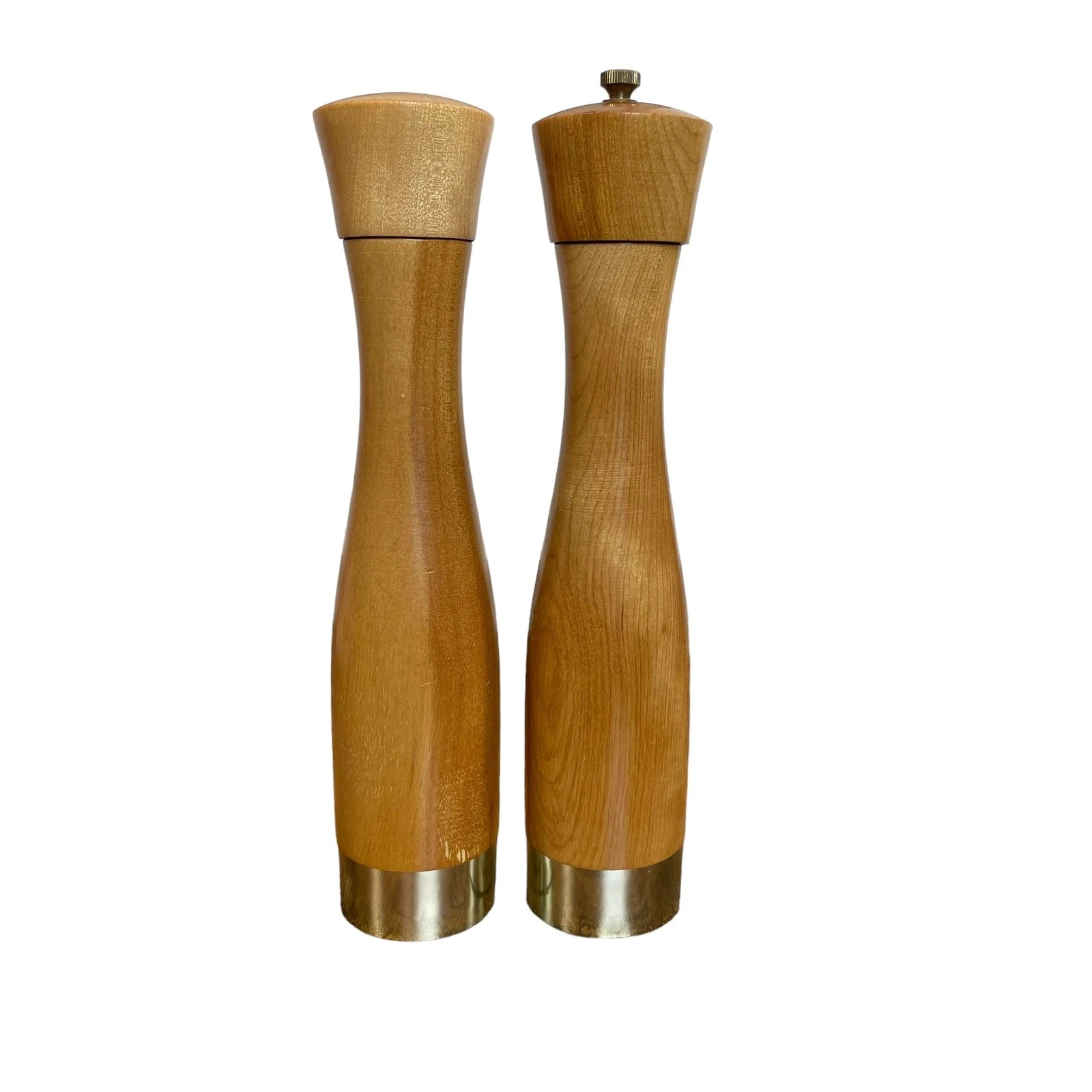 Wooden Salt Shaker and Pepper Grinder Set 10" Sleek MCM Modern Silver Accent