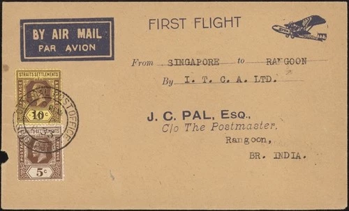 STRAITS SETTLEMENTS, 1933. First Flight ITCA, Cover, Singapore - Rangoon