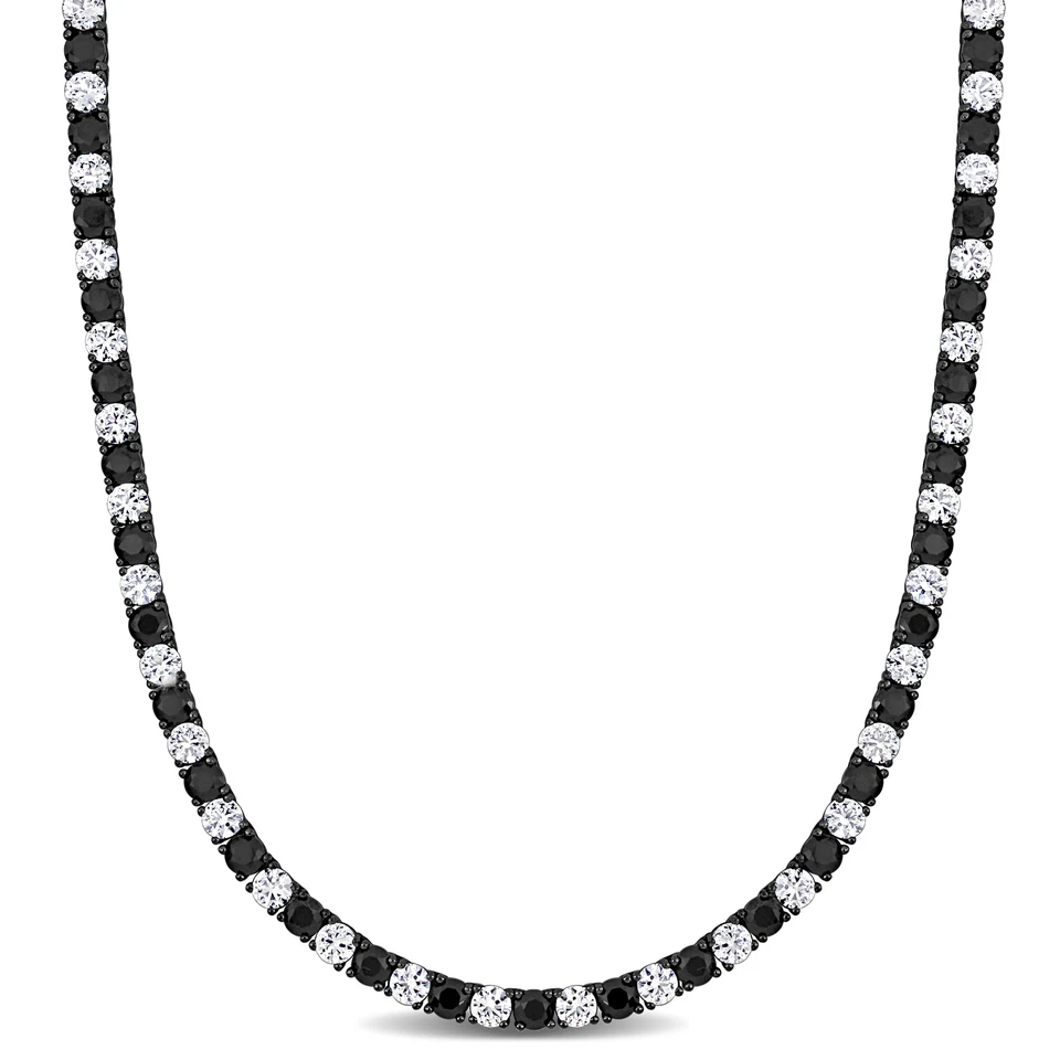 Collar Tenis Amour Negro Chapado en Rodio Plata Creado Zafiro Blanco y Negro