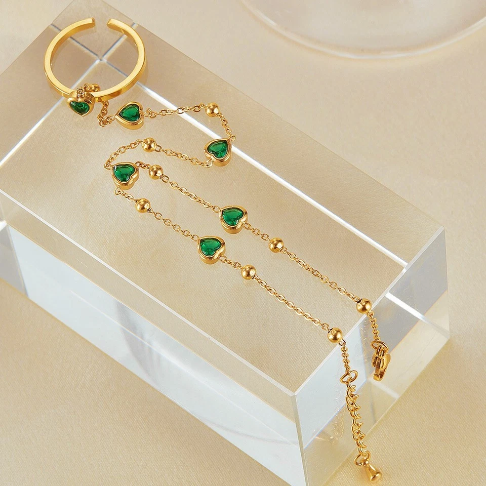 Edelstahl Handkette Handschmuck Armband mit Ring Herz Grün Damen - Bild 3 von 4