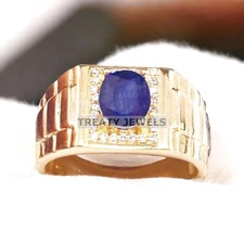 Blue Sapphire Oval Cut With 925 Sterling Silver Gold Plated Ring For Men #A221