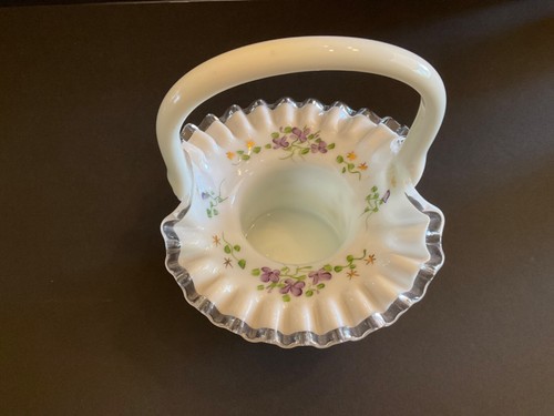 Fenton ? Violets & Stars Glass Silver Crest Ruffled Edge Top Hat Basket 8" H - Picture 5 of 12