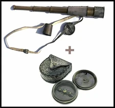 Antique Brass Telescope Pirate Spyglass + Vintage Nautical Compass Scope Sailor 