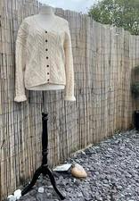 True Vintage Hand Made Knitted Cream Aran Cable Chunky Knit Cardigan Jacket L XL