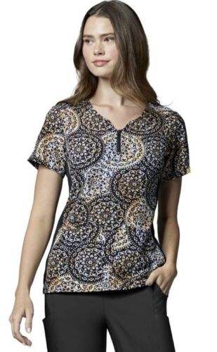 Wonder Wink 6557 Women's Zipper V-Neck Scrub Top Size XS Gemotric Pattern Modern