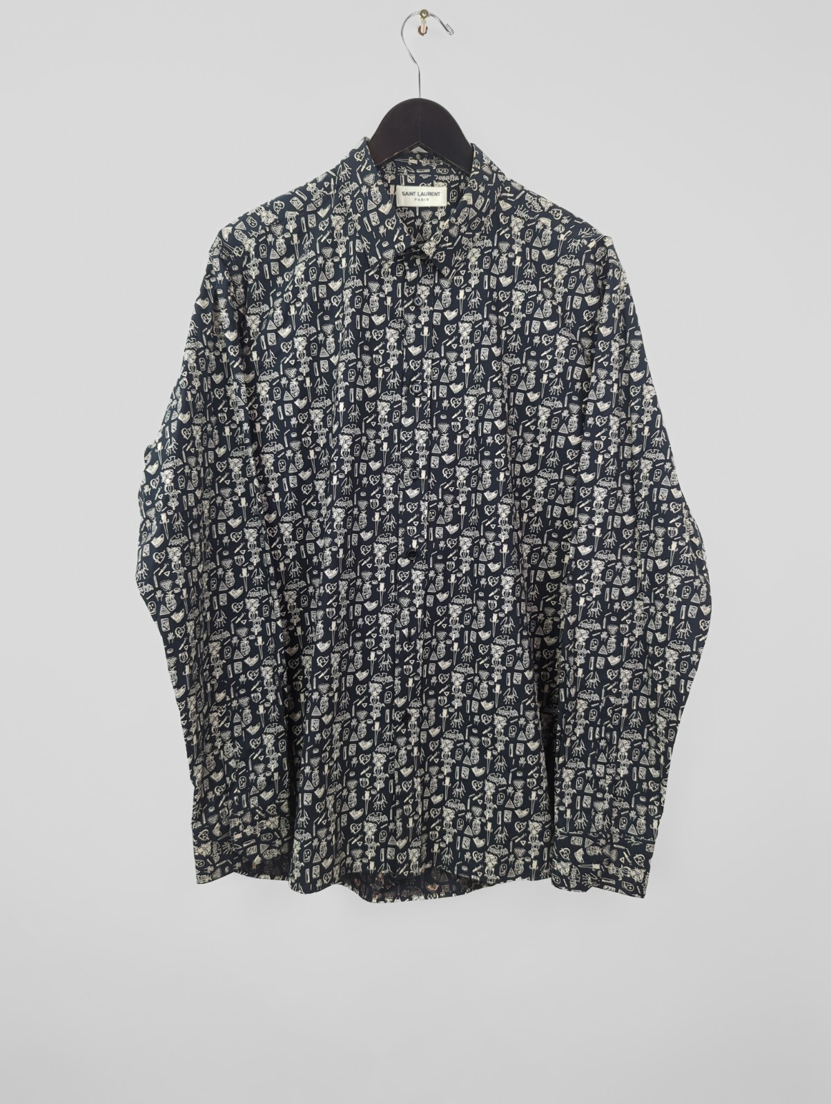 Camicia doodles nera nuova con etichette FW14 SAINT LAURENT PARIS x HEDI SLIMANE taglia 17 x 43 L