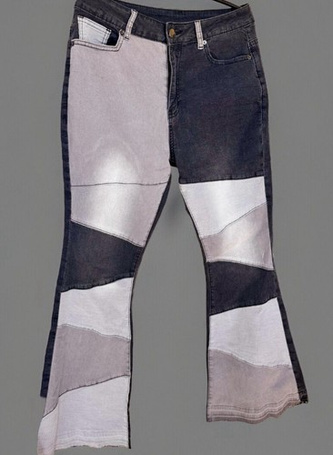 Patchwork Womens Jeans Gray Faded Black High Rise Stretch Flared Leg Sz 28 X 28 - Picture 16 of 16