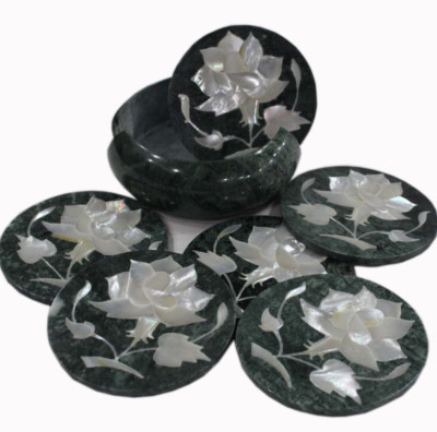 100% Genuine 6' Green Marble Tea Coaster Set Inlaid Mother Of Pearl Vintage Set
