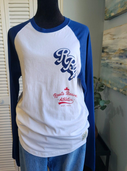 Roots Women’s Baseball Tee Cooper Raglan Cotton Blue White Size S