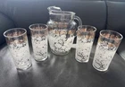 NWOB VNTG MCM Anchor Hocking  White Roses With Gold Leaves Pitcher W/4 Glasses