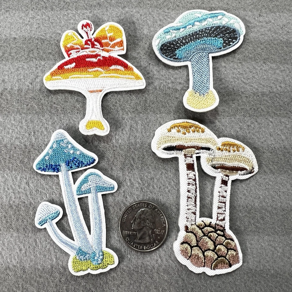 🔥Lot Of 4 Mushroom Magic Embroidered Iron On Patch Hippie Love Yellow Blue Red - Image 2 of 2