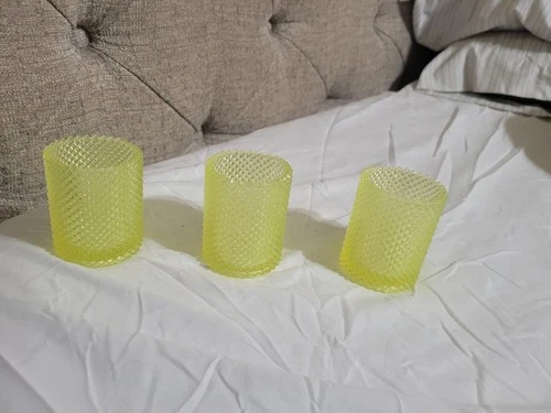 3 Vntg Fenton ? Uranium Diamond Cut Votive Candle Holders 3"Ht Yellowish/Green