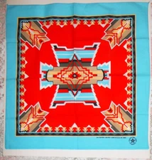 NWOT  Bandana Southwest Aztec Design Aqua & Orangie/Red  21"x 22" Poly-Cotton