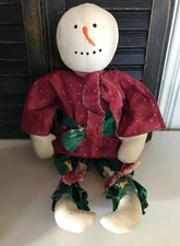 Primitive Snowman Doll Vintage Fabrics Round Head Burgundy Green