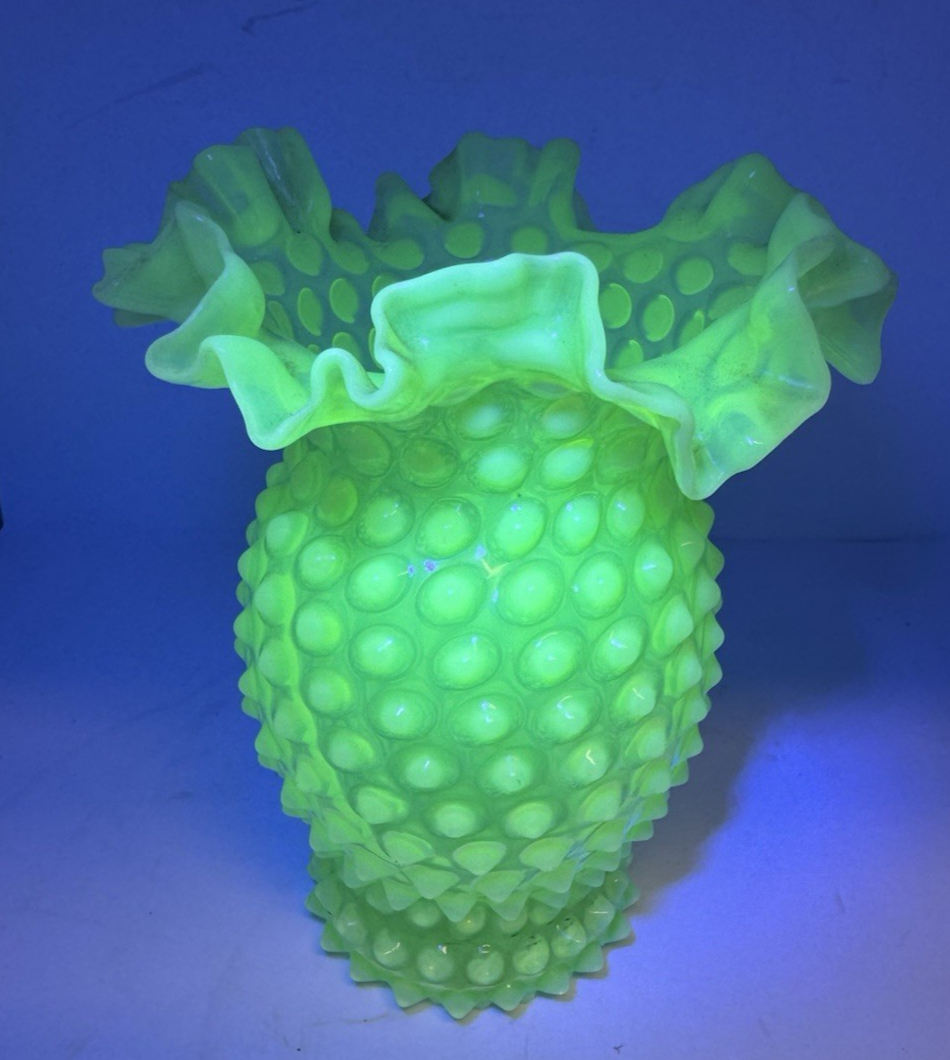 Uranium Fenton Hobnail 6 in  Ruffled Flower Vase Topaz Opalescent