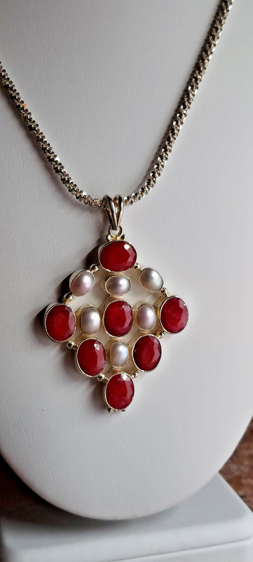 Huge STERLING SILVER 15ct 7 RUBY & PEARL PENDANT NECKLACE India ? Nikki Butler❤️