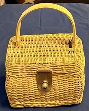 Vintage 50s 60s Retro Yellow Wicker Basket Handbag Purse Brass Detail Handles