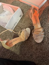 Badgley Mischka Gold Glitter Strappy Stiletto Heels Ankle Strap Open Toe 6.5 M