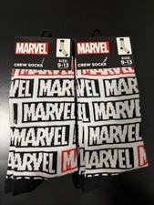 2 Pairs Marvel Logo Crew Socks, Mens Size 9-13 White/Black/Red Graphics New