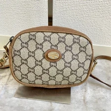 Gucci Shoulder Beige Black Leather Small Purse GG Logo Vintage Auth Crossbody