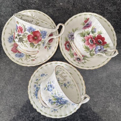 Royal Albert Blume des Monats, März, Juli, August 3 Tassen und Untertassen