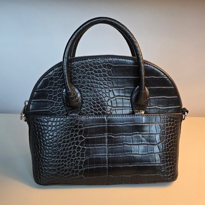 ZARA Black Faux embossed Crocodile Leather Satchel Hand Bag Purse Zippered Top