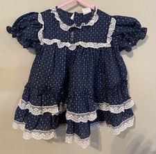 Vtg Girl Navy Polka Dot Full Circle Ruffled Lace Tier Party Dress Sz 24 Months