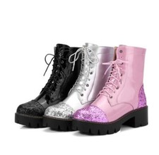 Sequin Women's Faux Leather Ankle Boots Lace Up Round Toe Block Heel Shoes Chic