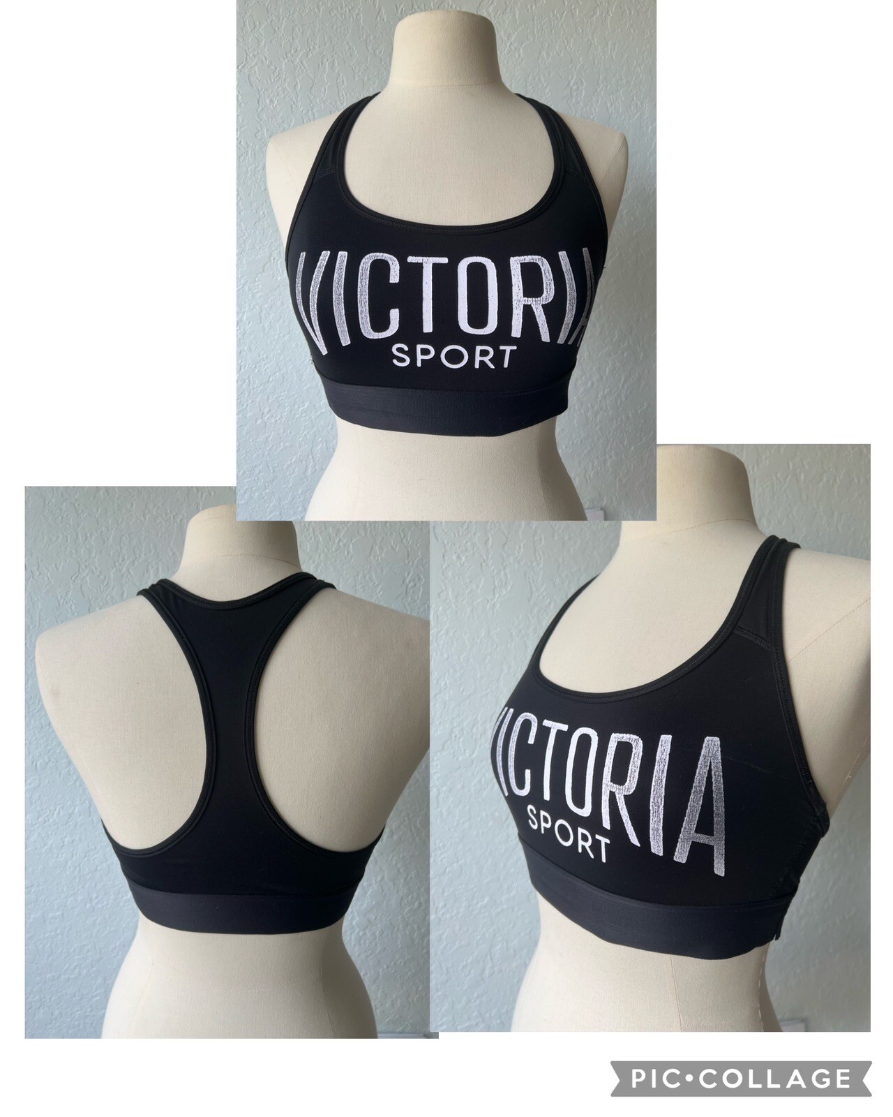 Victorias Secret Sports Bra MEDIUM Black EUC Block Logo Racer Back Fast