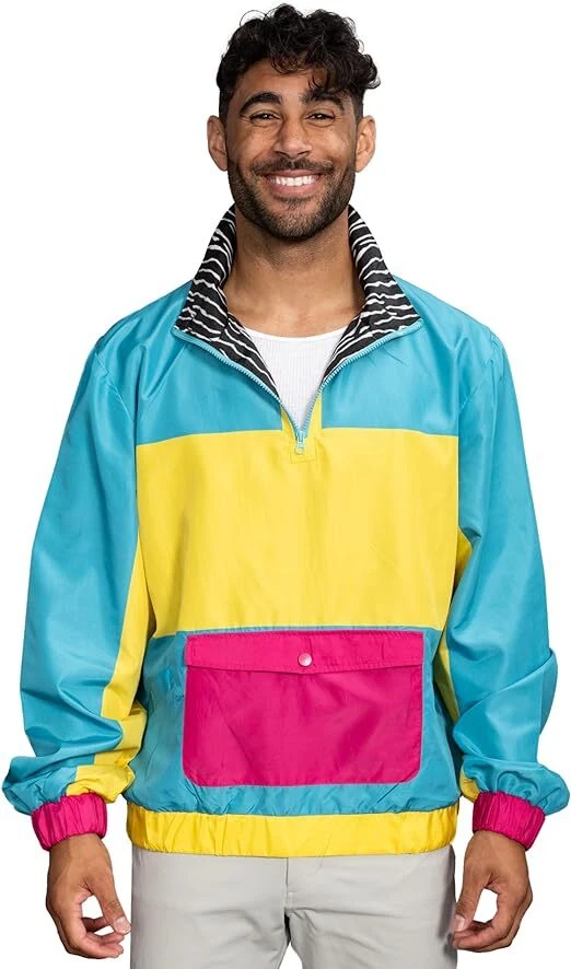 Adult Unisex Retro Windbreaker Jacket Lightweight 80s & 90s Colorful Designs