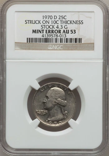 1970-D 25C Washington Qtr Struck on 10C Thickness Stock 4.3 Grams AU53 NGC (704)