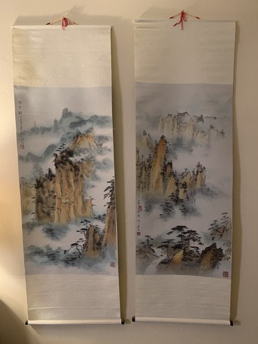 Silk Arts Tapestry Set Of 2 Asian Oriental Mountains Bonsai 49 X16 - Picture 2 of 14