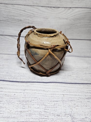 Antique Chinese Pottery Ginger Jar - 3.5" - NO LID - w/ wood rope