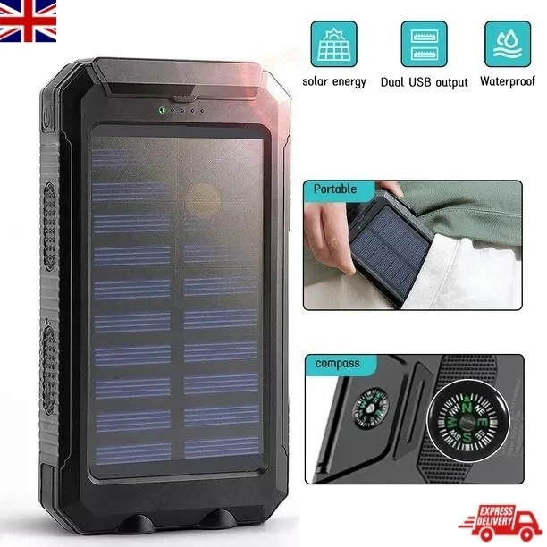 50000mAh Solar Power Bank Fast Charger Battery Waterproof 2 USB LED Mobile Phone