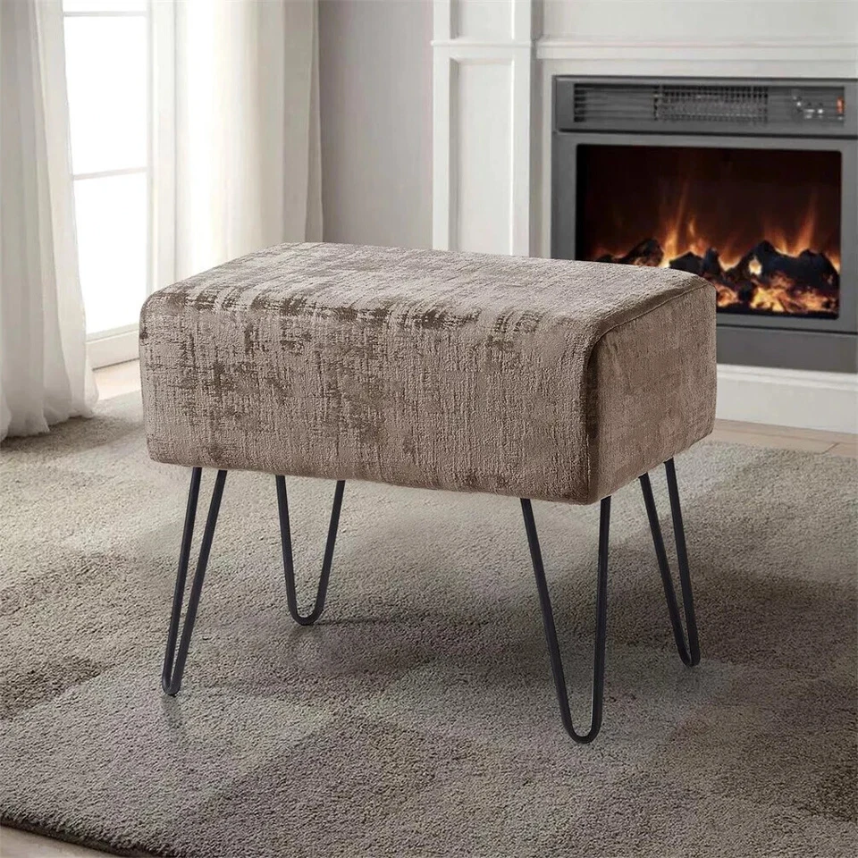 Plush Textured Velvet Ottoman Footstool Metal Legs Accent for Modern Living Room - Image 2 of 4