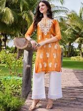 Orange Kurta Paisley Embroidered Chikankari Women Kurti Tunic Top