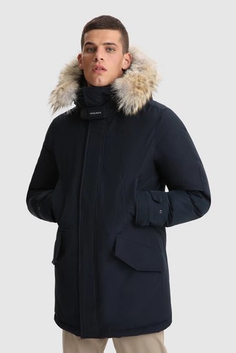 Parka In Pile Woolrich Ramar Con Collo Alto E Rifinitura In Pelliccia Blu Melton - Foto 3 di 16