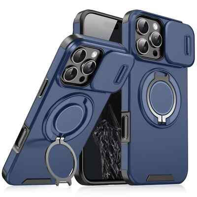 For iPhone 16, 16  Pro, Pro Max 15 Magnetic Ring Stand Case w/Slide Lens Cover