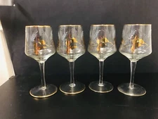 Set Of 4 Vintage Libby Gold Leaves Stemmed Wine Glasses Hold 8 Oz.