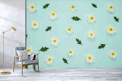 3D White Flowers Green Leaves Pattern Self-adhesive Removable Wallpaper Murals