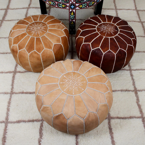 Pouf marocain ottoman en cuir pour la décoration intérieure - Pouf rond en cuir - Picture 9 of 10