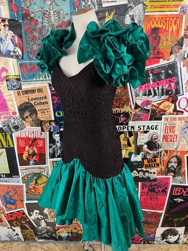 Vtg 80s 90s Emerald Green Black Formal Puff Sleeve Taffeta Betsy & Adam Dress - Picture 8 of 16