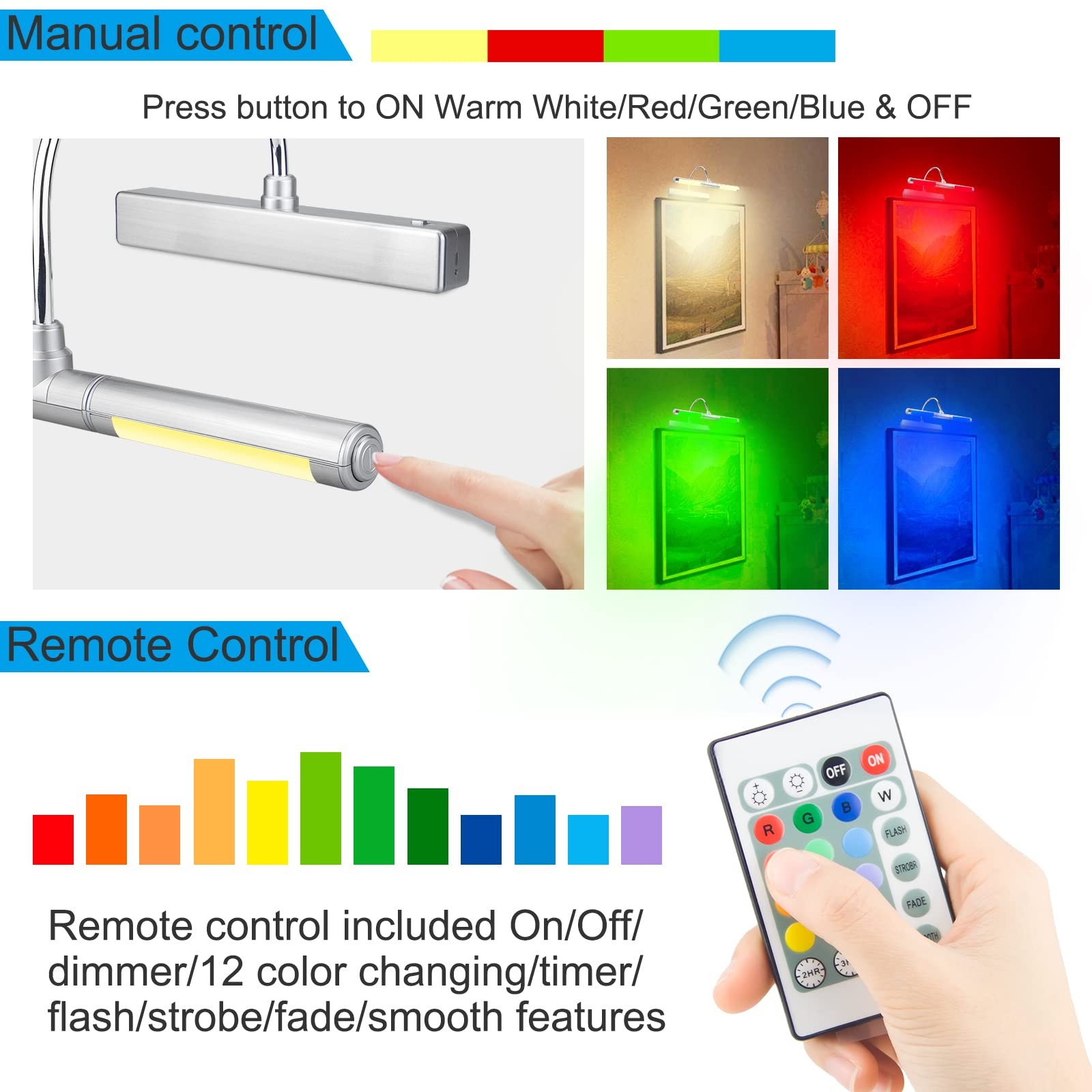 Lampe murale pour tableau LED sans fil avec télécommande et tête noire 30cm - 2