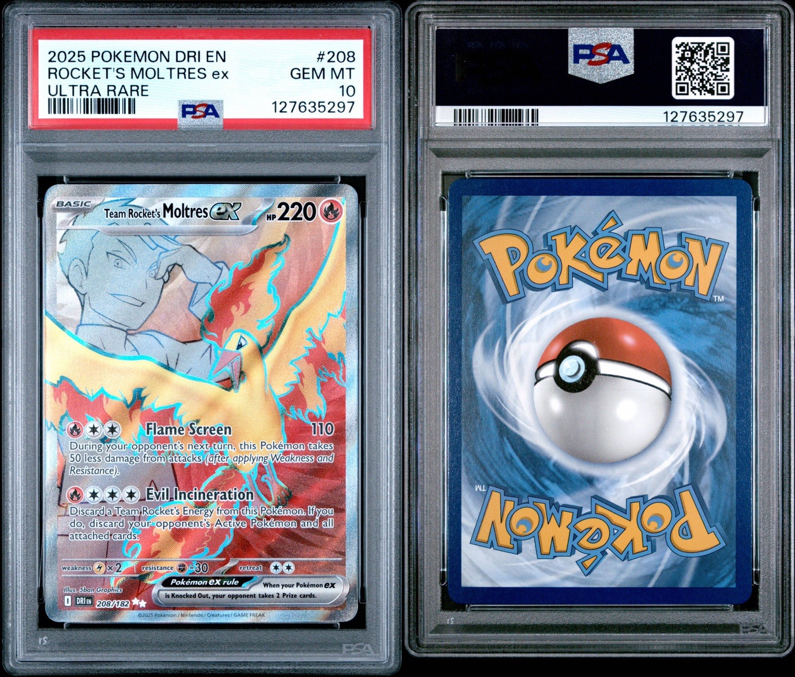 2025 Pokemon SV Destined Rivals #208/182 Team Rocket's Moltres ex PSA 10