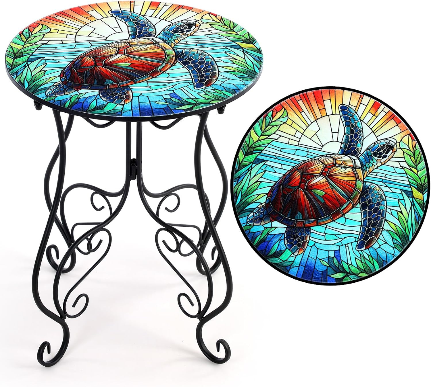 14 Inch Mosaic Turtle Side Table Round Metal Patio Plant Stand Indoor Outdoor
